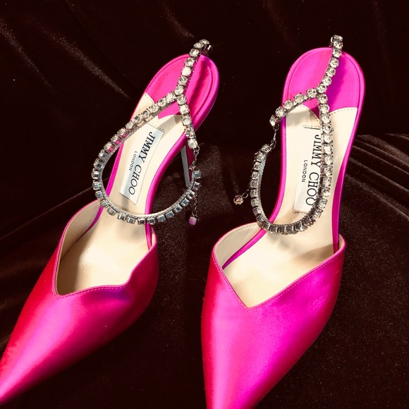 Jimmy Choo Shoes - Jimmy Choo Fuchsia Satin Jeweled Slingback Mules
